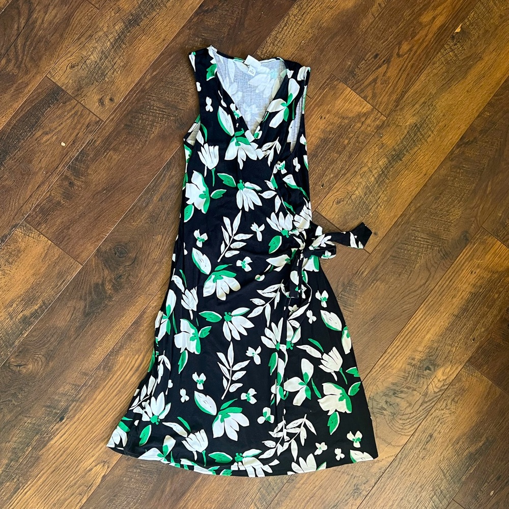 Faux Wrap Dress - Black, Green & White